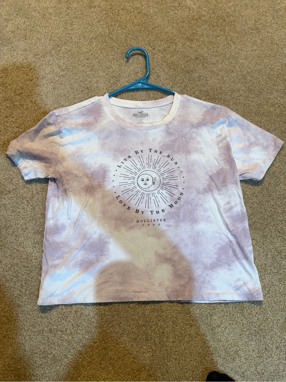 Hollister Lavender & Cream Tie-Dye Sun and Moon Graphic Tee Slightly Cropped